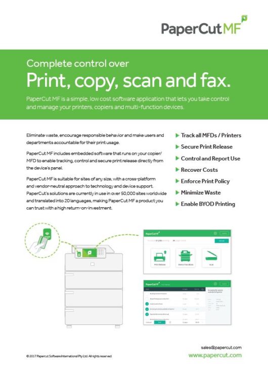 Fact Sheet Cover, Papercut MF, Office Product Services, Ricoh, Savin, Lanier, Copier, Printer, MFP, Alaska, AK, dealer